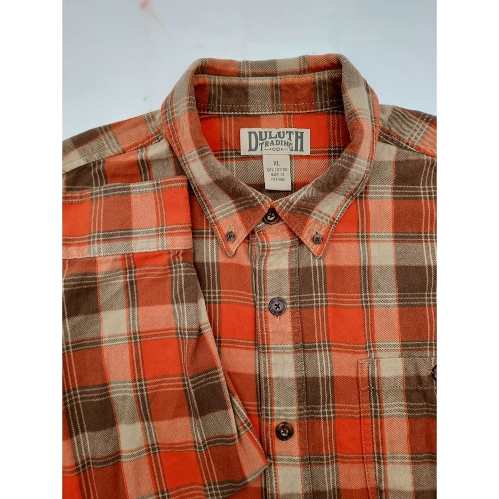 Duluth Trading Co. Mens XL Plaid Flannel Button Down‎ Shirt Orange Brown